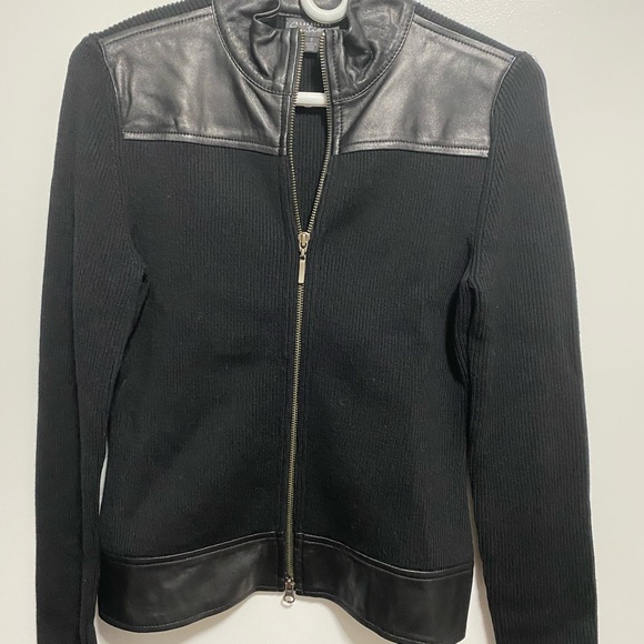 Nordstrom Classiques Entier Black Leather & Knit Zip-up Sweater - Picture 4 of 7